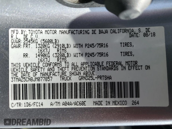2018 Toyota Tacoma SR5 z VIN 3TMAZ5CN8JM077857, wystawiony jako Copart lot #52570945 z przebiegiem 50 182 mil mil oraz Szkoda całkowita • Salvage title. Historia ofert i sprzedaży dostępna na DreamBid. Obrazek 12.