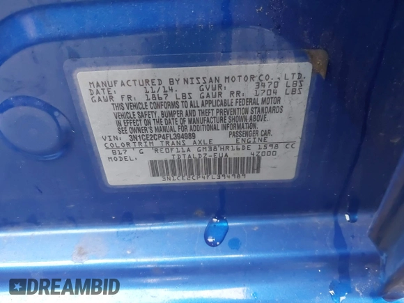 2015 Nissan Note SV with VIN 3N1CE2CP4FL394989, listed as a IAAI auction lot 42175087 with 37,262 mi miles and . Bid and sale history available at DreamBid. Image 9.