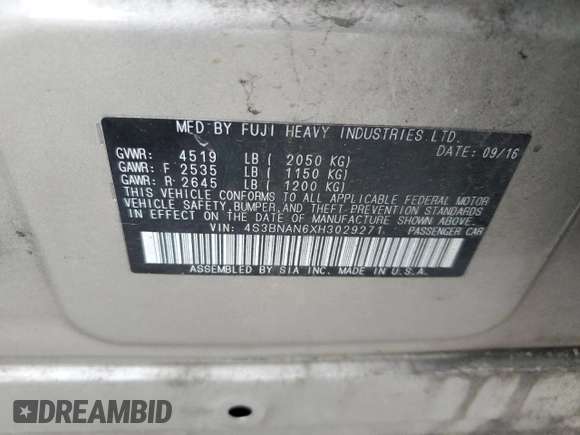 2017 Subaru Legacy Limited with VIN 4S3BNAN6XH3029271, listed as a Copart auction lot 58789775 with 44,840 mi miles and Salvage title. Bid and sale history available at DreamBid. Image 13.