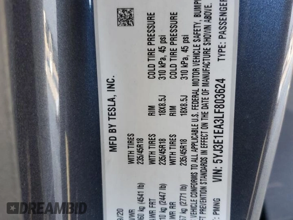 2020 Tesla Model 3 Standard Range Plus z VIN 5YJ3E1EA3LF803624, wystawiony jako Copart lot #56145255 z przebiegiem 149 398 mil mil oraz Szkoda całkowita • Salvage title. Historia ofert i sprzedaży dostępna na DreamBid. Obrazek 12.