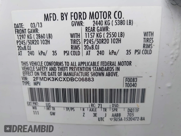 2013 Ford Edge Limited with VIN 2FMDK3KCXDBC06883, listed as a IAAI auction lot 42204414 with 109,605 mi miles and . Bid and sale history available at DreamBid. Image 9.