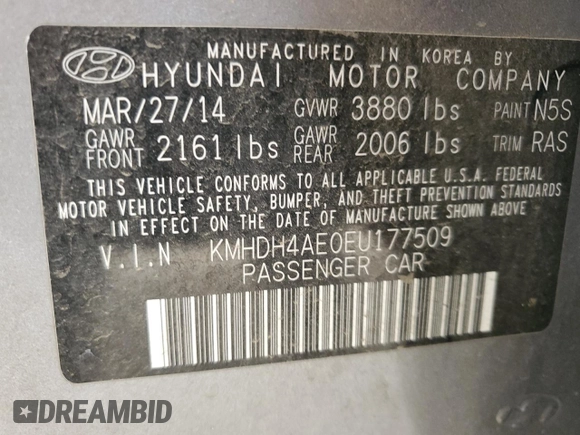 2014 Hyundai Elantra SE с VIN KMHDH4AE0EU177509, выставлен на аукционе Copart как лот 52825335 с пробегом 193 148 миль миль и Списание • Salvage title. История ставок и продаж доступна на DreamBid. Изображение 13.