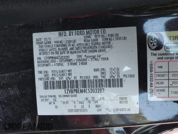 2012 Ford Mustang V6 with VIN 1ZVBP8EM4C5203282, listed as a IAAI auction lot 42133833 with 87,244 mi miles and . Bid and sale history available at DreamBid. Image 9.