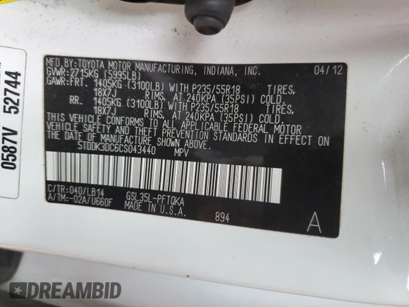 2012 Toyota Sienna XLE z VIN 5TDDK3DC6CS043440, wystawiony jako Copart lot #50408865 z przebiegiem 229 239 mil mil oraz Szkoda całkowita • Salvage title. Historia ofert i sprzedaży dostępna na DreamBid. Obrazek 15.