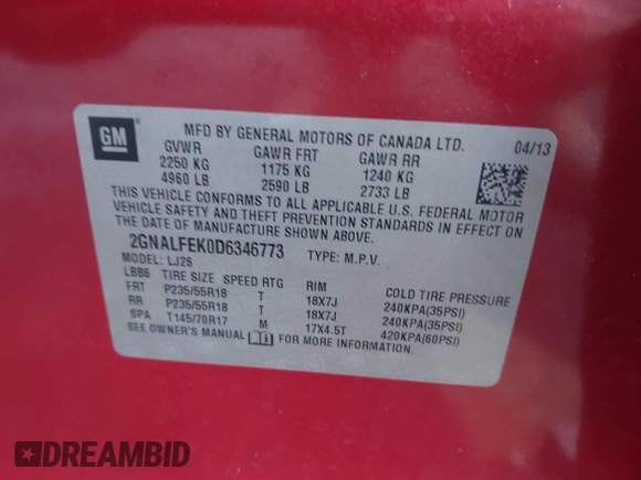 2013 Chevrolet Equinox LTZ with VIN 2GNALFEK0D6346773, listed as a IAAI auction lot 41844599 with 86,844 mi miles. Bid and sale history available at carsss.com. Image 9.