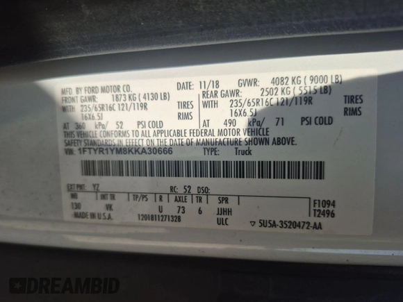 2019 Ford Transit с VIN 1FTYR1YM8KKA30666, выставлен на аукционе IAAI как лот 42585431 с пробегом 78 828 миль миль и . История ставок и продаж доступна на DreamBid. Изображение 18.