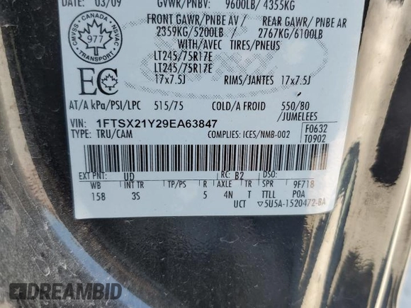 2009 Ford F-250 XL with VIN 1FTSX21Y29EA63847, listed as a Copart auction lot 67506704 with 99,969 mi miles and Salvage title. Bid and sale history available at DreamBid. Image 12.