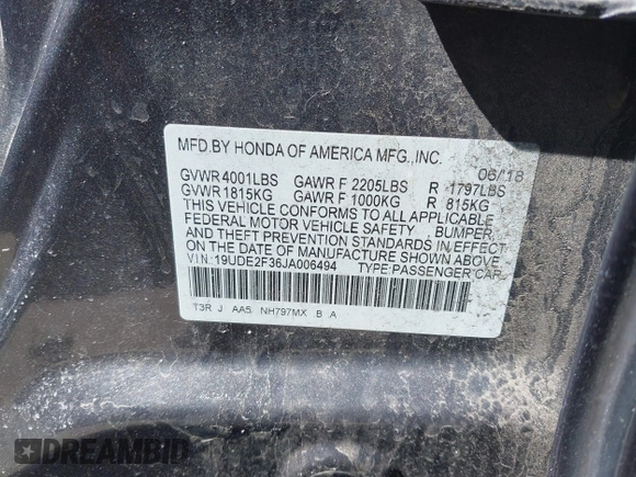 2018 Acura ILX with VIN 19UDE2F36JA006494, listed as a IAAI auction lot 41965028 with 79,570 mi miles and . Bid and sale history available at DreamBid. Image 9.