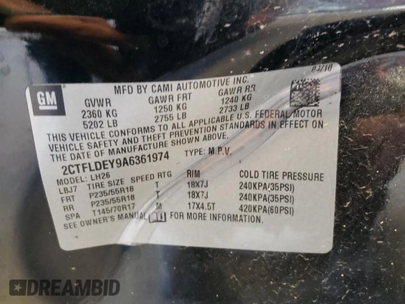 2010 GMC Terrain SLE-2 with VIN 2CTFLDEY9A6361974, listed as a Copart auction lot 60208184 with 168,410 mi miles and Salvage Title. Bid and sale history available at carsss.com. Image 12.
