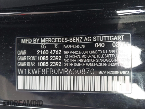 2021 Mercedes-Benz C 300 with VIN W1KWF8EB0MR630870, listed as a IAAI auction lot 41548817 with 54,230 mi miles and . Bid and sale history available at DreamBid. Image 9.