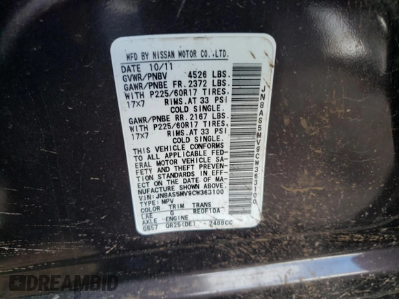 2012 Nissan Rogue S with VIN JN8AS5MV9CW363100, listed as a Copart auction lot 82180144 with 122,233 mi miles and Salvage Title. Bid and sale history available at DreamBid. Image 13.