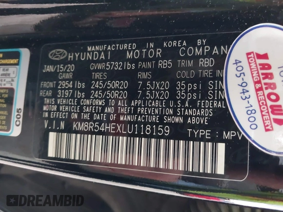 2020 Hyundai Palisade Limited z VIN KM8R54HEXLU118159, wystawiony jako IAAI lot #41922192 z przebiegiem 75 665 mil mil oraz . Historia ofert i sprzedaży dostępna na DreamBid. Obrazek 9.