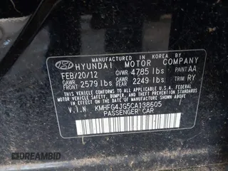 2012 Hyundai Azera with VIN KMHFG4JG5CA138605, listed as a IAAI auction lot 42690936 with 148,801 mi miles and . Bid and sale history available at DreamBid. Image 9.