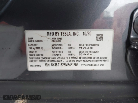 2021 Tesla Model S Long Range Plus with VIN 5YJSA1E28MF421655, listed as a IAAI auction lot 42407234 with 111,443 mi miles and . Bid and sale history available at DreamBid. Image 9.