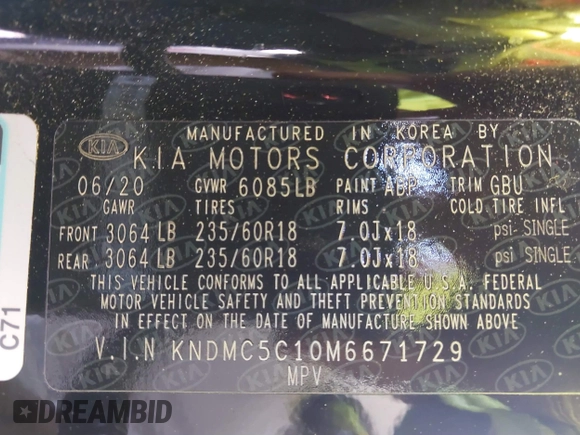 2021 Kia Sedona EX with VIN KNDMC5C10M6671729, listed as a IAAI auction lot 40858206 with 58,775 mi miles. Bid and sale history available at carsss.com. Image 9.
