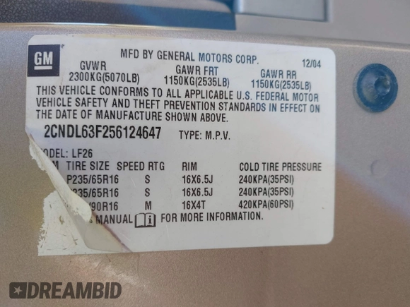 2005 Chevrolet Equinox LT with VIN 2CNDL63F256124647, listed as a IAAI auction lot 41670469 with 205,816 mi miles. Bid and sale history available at carsss.com. Image 9.