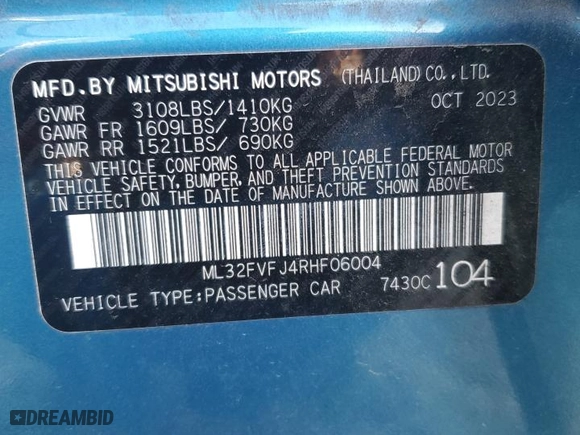 2024 Mitsubishi Mirage G4 SE with VIN ML32FVFJ4RHF06004, listed as a Copart auction lot 83221934 with 8,936 mi miles and Salvage Title. Bid and sale history available at carsss.com. Image 12.