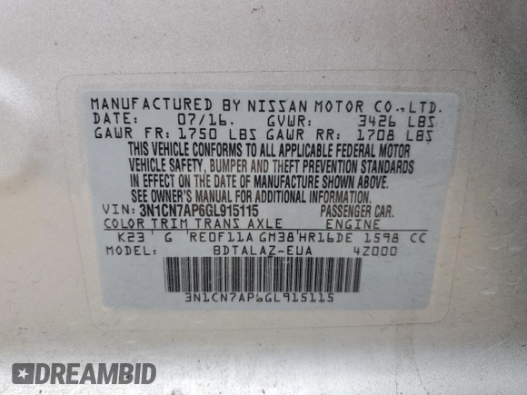 2016 Nissan Versa S with VIN 3N1CN7AP6GL915115, listed as a Copart auction lot 53168265 with 71,928 mi miles and Salvage Title. Bid and sale history available at carsss.com. Image 12.