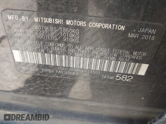 2016 Mitsubishi Lancer GT with VIN JA32U8FW8GU011501, listed as a IAAI auction lot 41779016 with 153,082 mi miles. Bid and sale history available at carsss.com. Image 9.