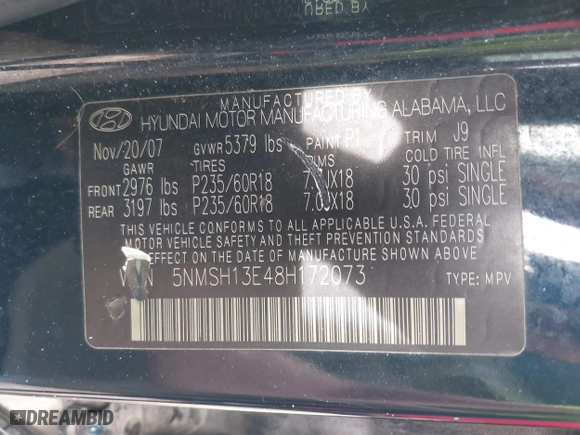 2008 Hyundai Santa Fe SE with VIN 5NMSH13E48H172073, listed as a IAAI auction lot 41758806 with 191,315 mi miles. Bid and sale history available at carsss.com. Image 9.