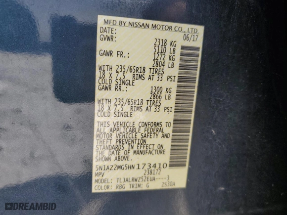 2017 Nissan Murano SL with VIN 5N1AZ2MG5HN173410, listed as a Copart auction lot 53186325 with 67,989 mi miles and Salvage Title. Bid and sale history available at carsss.com. Image 14.