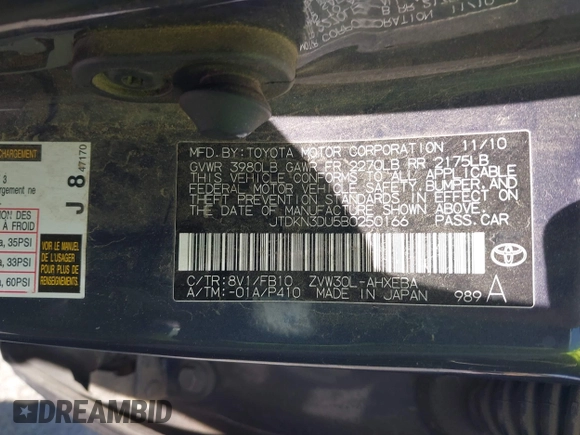 2011 Toyota Prius I with VIN JTDKN3DU5B0250166, listed as a IAAI auction lot 41984071 with 263,991 mi miles. Bid and sale history available at carsss.com. Image 9.