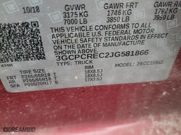 2018 Chevrolet Silverado 1500 LT with VIN 3GCPCREC2JG581866, listed as a Copart auction lot 50243405 with 52,050 mi miles and Salvage Title. Bid and sale history available at carsss.com. Image 13.