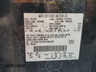 2005 Ford F-150 XLT с VIN 1FTPW12535FA82693, выставлен на аукционе Copart как лот 62860105 с пробегом Не указан миль и Чистый • Clean title. История ставок и продаж доступна на DreamBid. Изображение 12.