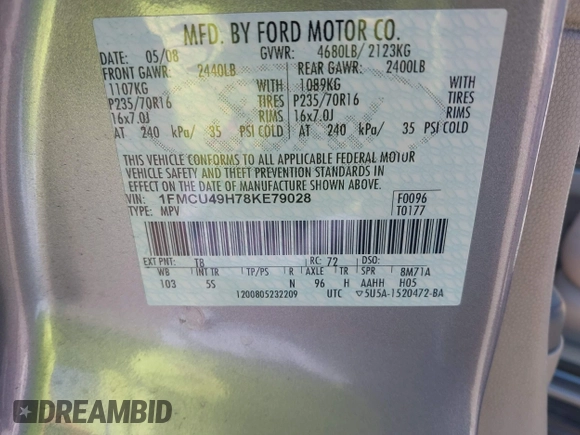 2008 Ford Escape Hybrid with VIN 1FMCU49H78KE79028, listed as a IAAI auction lot 42283170 with 131,642 mi miles and . Bid and sale history available at DreamBid. Image 9.