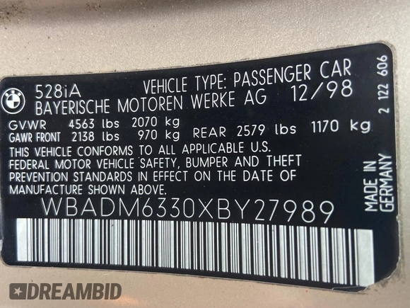 1999 BMW 5 Series 528iA with VIN WBADM6330XBY27989, listed as a Copart auction lot 42428525 with 149,555 mi miles and Clean Title. Bid and sale history available at carsss.com. Image 10.
