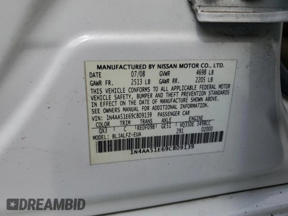 2009 Nissan Maxima SV with VIN 1N4AA51E69C809139, listed as a Copart auction lot 53791545 with 141,482 mi miles and Salvage Title. Bid and sale history available at DreamBid. Image 12.