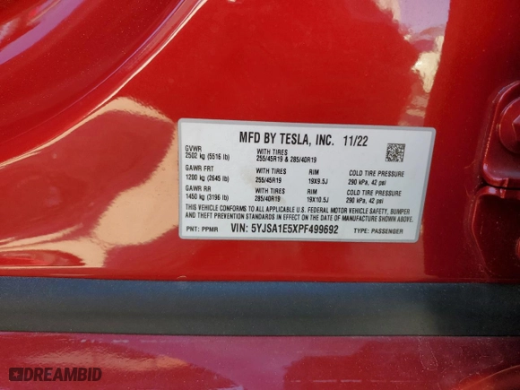 2023 Tesla Model S with VIN 5YJSA1E5XPF499692, listed as a Copart auction lot 48759145 with 0 mi miles and Salvage Title. Bid and sale history available at carsss.com. Image 15.