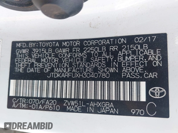 2017 Toyota Prius Two with VIN JTDKARFUXH3040780, listed as a IAAI auction lot 42091493 with 105,952 mi miles and . Bid and sale history available at DreamBid. Image 9.