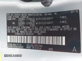 2015 Toyota Sienna LE AAS with VIN 5TDKK3DC4FS636029, listed as a IAAI auction lot 42552045 with 82,293 mi miles and . Bid and sale history available at DreamBid. Image 9.