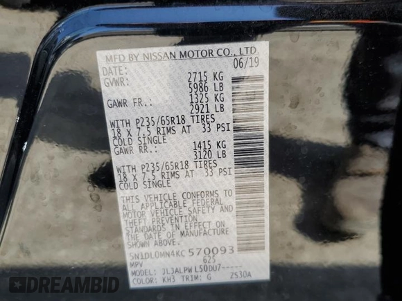 2019 Infiniti QX60 Pure with VIN 5N1DL0MN4KC570093, listed as a Copart auction lot 55215625 with 103,646 mi miles and Salvage title. Bid and sale history available at DreamBid. Image 13.