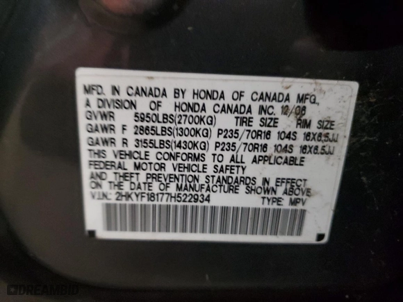 2007 Honda Pilot LX with VIN 2HKYF18177H522934, listed as a Copart auction lot 83069004 with 0 mi miles and Salvage Title. Bid and sale history available at carsss.com. Image 13.