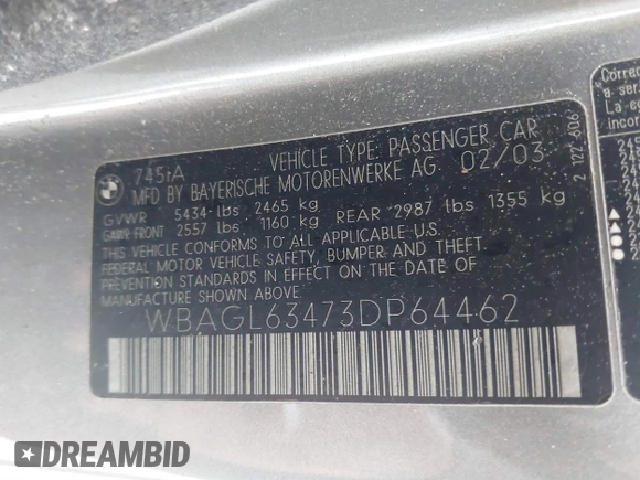 2003 BMW 7 Series 745i с VIN WBAGL63473DP64462, выставлен на аукционе IAAI как лот 41751691 с пробегом 146 789 миль миль и . История ставок и продаж доступна на DreamBid. Изображение 9.