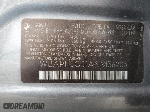 2010 BMW 3 Series 328i with VIN WBAPH5G51ANM36203, listed as a Copart auction lot 57349235 with 183,491 mi miles and Salvage title. Bid and sale history available at DreamBid. Image 12.