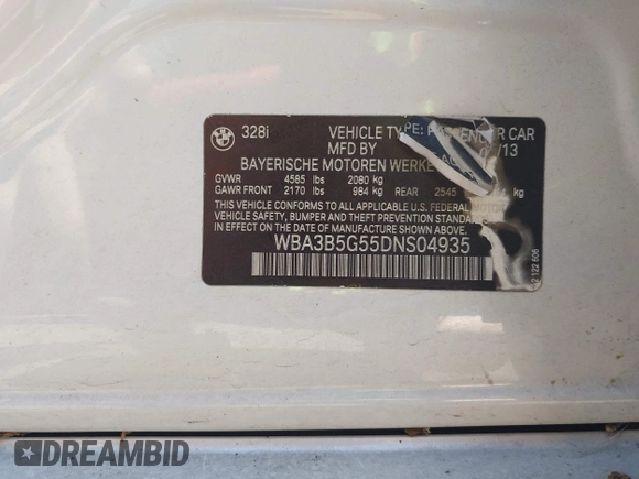 2013 BMW 3 Series 328i xDrive с VIN WBA3B5G55DNS04935, выставлен на аукционе IAAI как лот 42205399 с пробегом 127 913 миль миль и . История ставок и продаж доступна на DreamBid. Изображение 9.