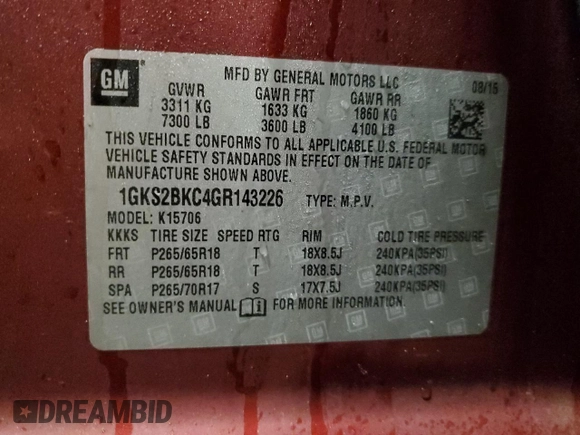 2016 GMC Yukon SLT with VIN 1GKS2BKC4GR143226, listed as a Copart auction lot 87076224 with 235,722 mi miles and Clean Title. Bid and sale history available at carsss.com. Image 14.