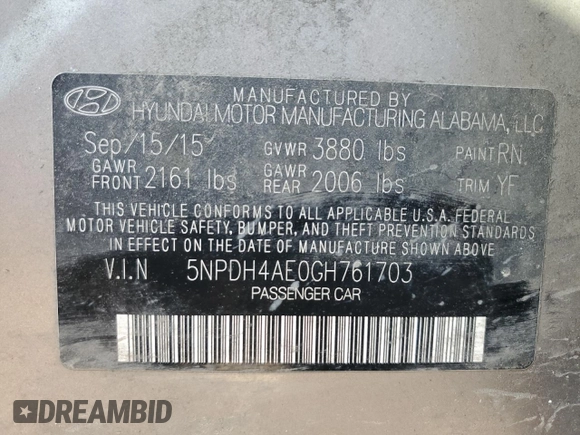2016 Hyundai Elantra SE with VIN 5NPDH4AE0GH761703, listed as a Copart auction lot 46860205 with 172,588 mi miles and Salvage title. Bid and sale history available at DreamBid. Image 14.