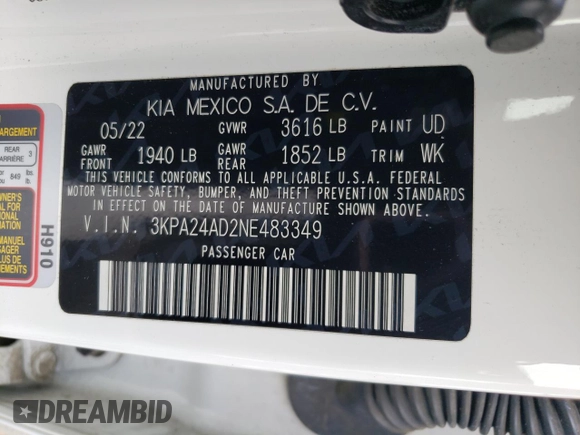 2022 Kia Rio LX with VIN 3KPA24AD2NE483349, listed as a Copart auction lot 66582994 with 0 mi miles and Salvage Title. Bid and sale history available at carsss.com. Image 12.