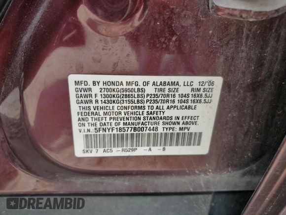 2007 Honda Pilot EX-L z VIN 5FNYF18577B007448, wystawiony jako Copart lot #58247885 z przebiegiem 167 628 mil mil oraz Czysty tytuł • Clean title. Historia ofert i sprzedaży dostępna na DreamBid. Obrazek 12.