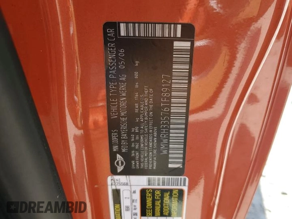 2006 MINI Convertible S with VIN WMWRH33576TF89127, listed as a Copart auction lot 49763365 with 150,446 mi miles and Salvage title. Bid and sale history available at DreamBid. Image 14.