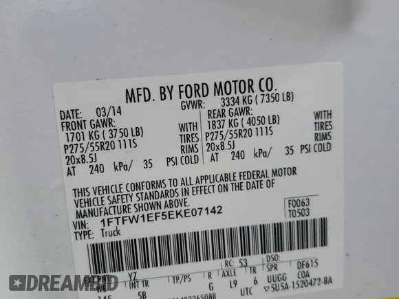 2014 Ford F-150 XL z VIN 1FTFW1EF5EKE07142, wystawiony jako Copart lot #56001905 z przebiegiem 128 334 mil mil oraz Szkoda całkowita • Salvage title. Historia ofert i sprzedaży dostępna na DreamBid. Obrazek 12.