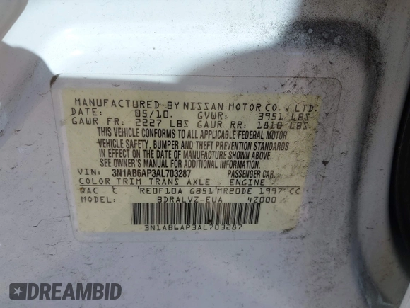 2010 Nissan Sentra SR with VIN 3N1AB6AP3AL703287, listed as a IAAI auction lot 41725073 with 146,044 mi miles and . Bid and sale history available at DreamBid. Image 9.