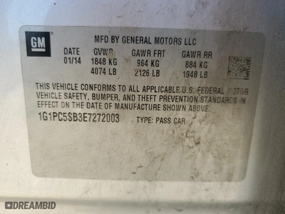 2014 Chevrolet Cruze 1LT with VIN 1G1PC5SB3E7272003, listed as a Copart auction lot 73808654 with 151,569 mi miles and Salvage Title. Bid and sale history available at carsss.com. Image 12.