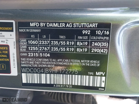 2017 Mercedes-Benz GLC with VIN WDC0G4JB9HF172775, listed as a IAAI auction lot 41865330 with 55,917 mi miles. Bid and sale history available at carsss.com. Image 9.