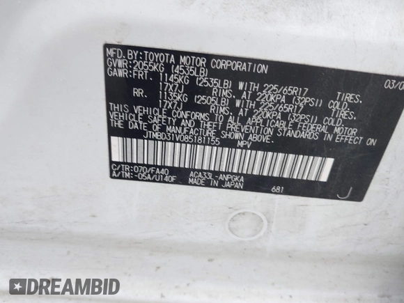 2008 Toyota RAV4 Ltd with VIN JTMBD31V085181155, listed as a IAAI auction lot 42194571 with 164,764 mi miles. Bid and sale history available at carsss.com. Image 9.
