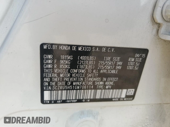 2016 Honda HR-V EX with VIN 3CZRU5H51GM706114, listed as a Copart auction lot 54820065 with 120,108 mi miles and Clean Title. Bid and sale history available at DreamBid. Image 13.